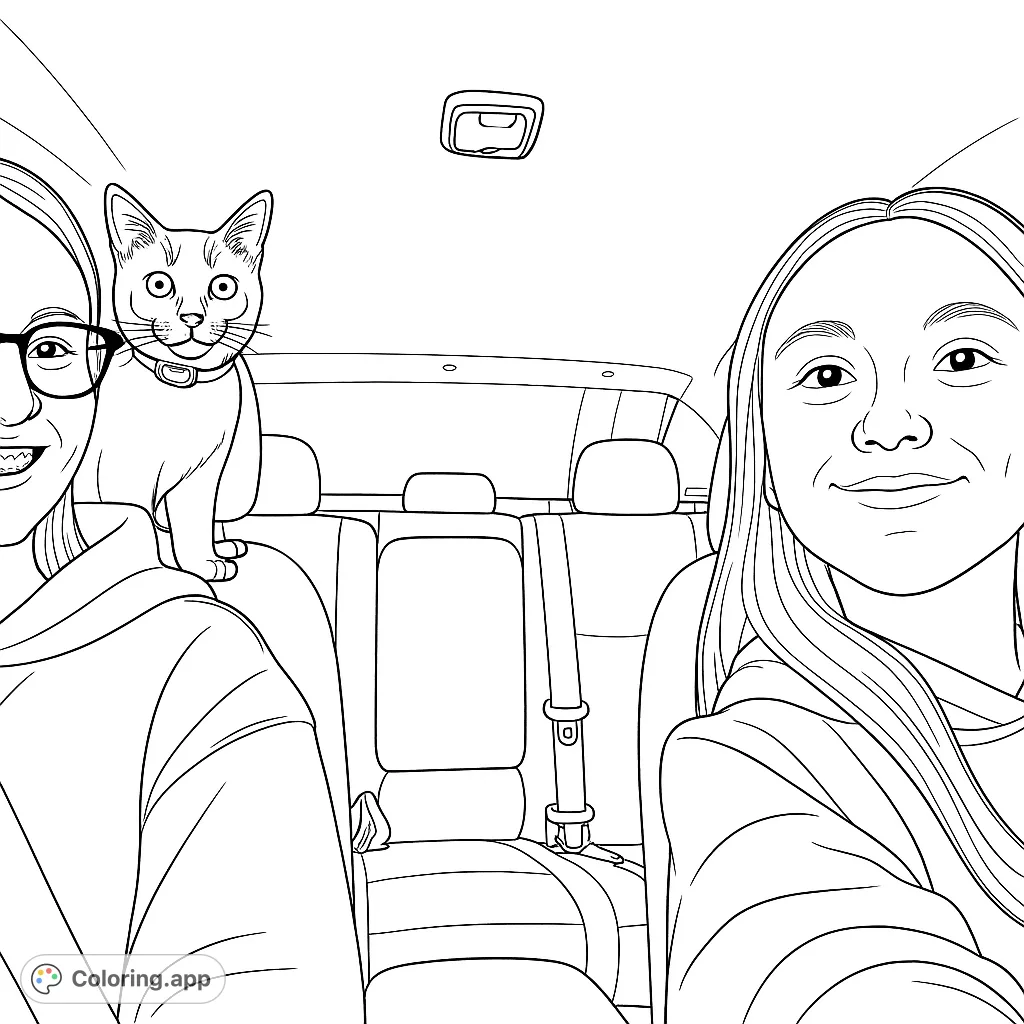 Join two smiling individuals and their curious feline companion on a delightful car trip. A charming scene for all pet lovers and travel enthusiasts.