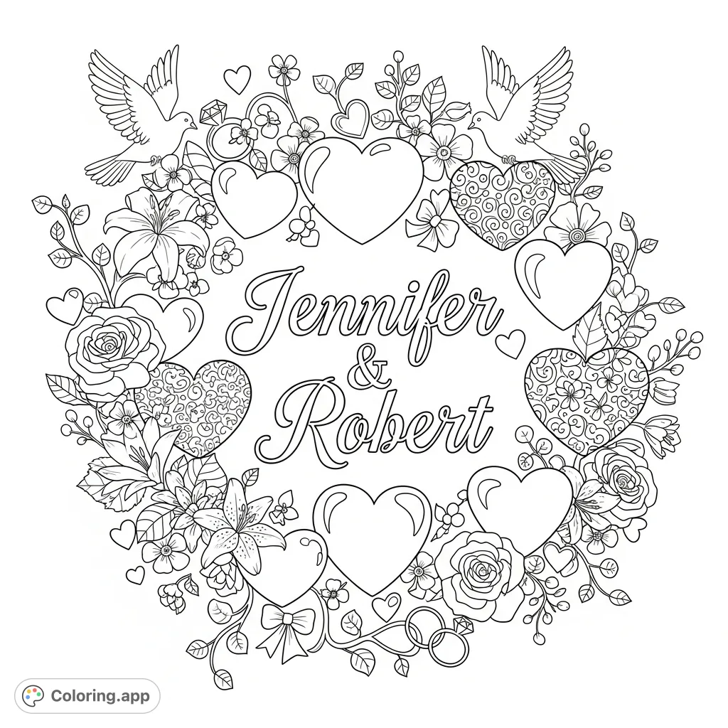 A heartfelt coloring page featuring the names Jennifer & Robert elegantly intertwined with a beautiful array of hearts, flowers, and romantic elements.