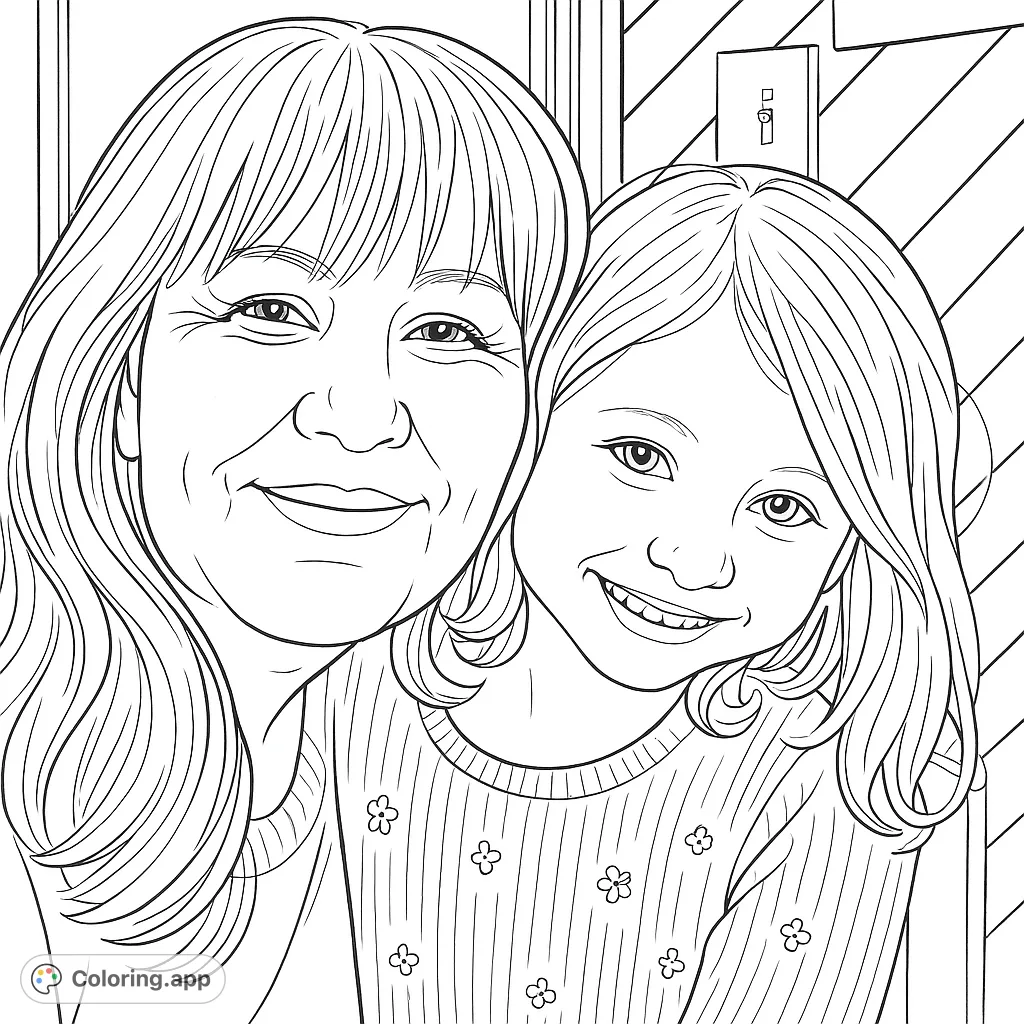 A heartwarming portrait of an adult woman and a young child, sharing a close, happy moment. Perfect for a family bond coloring page.