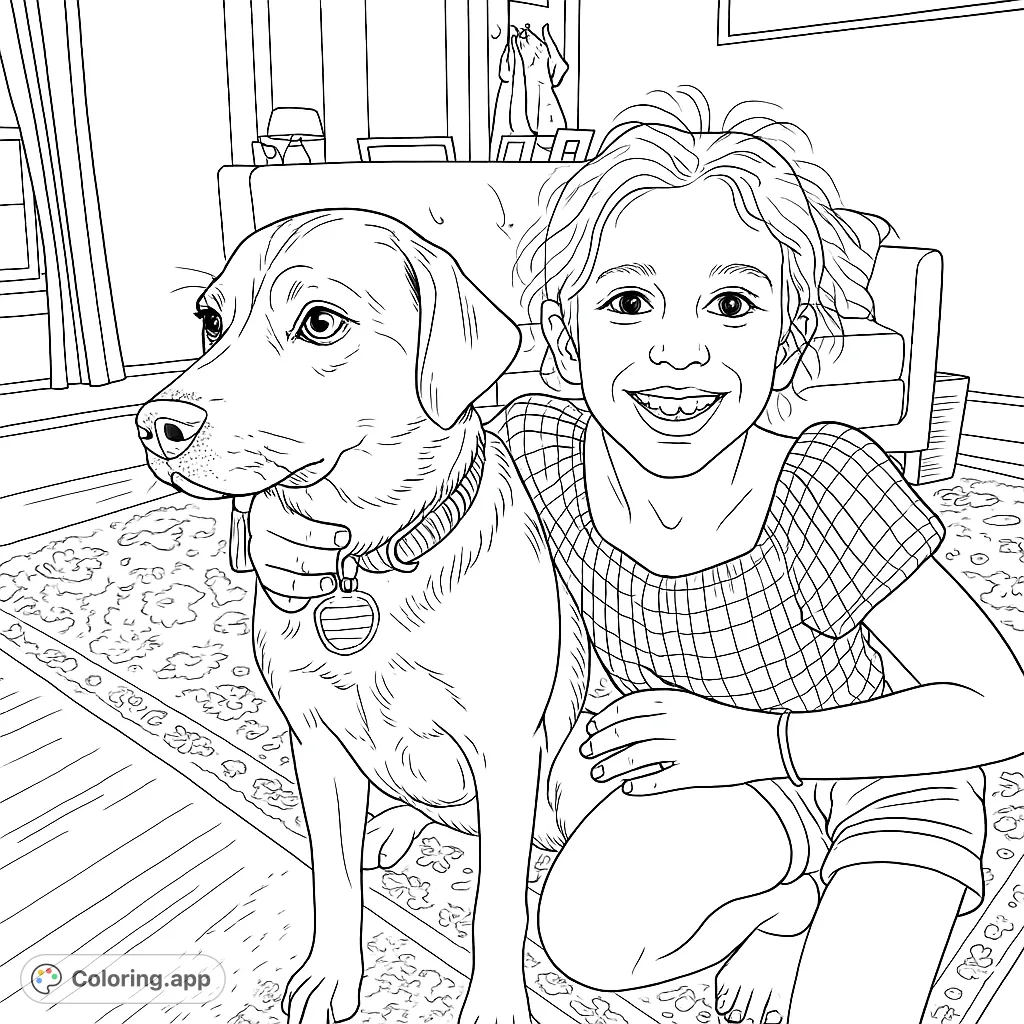 A heartwarming girl and dog coloring page, featuring a cheerful girl embracing her canine companion in a cozy room. Perfect for animal lovers!