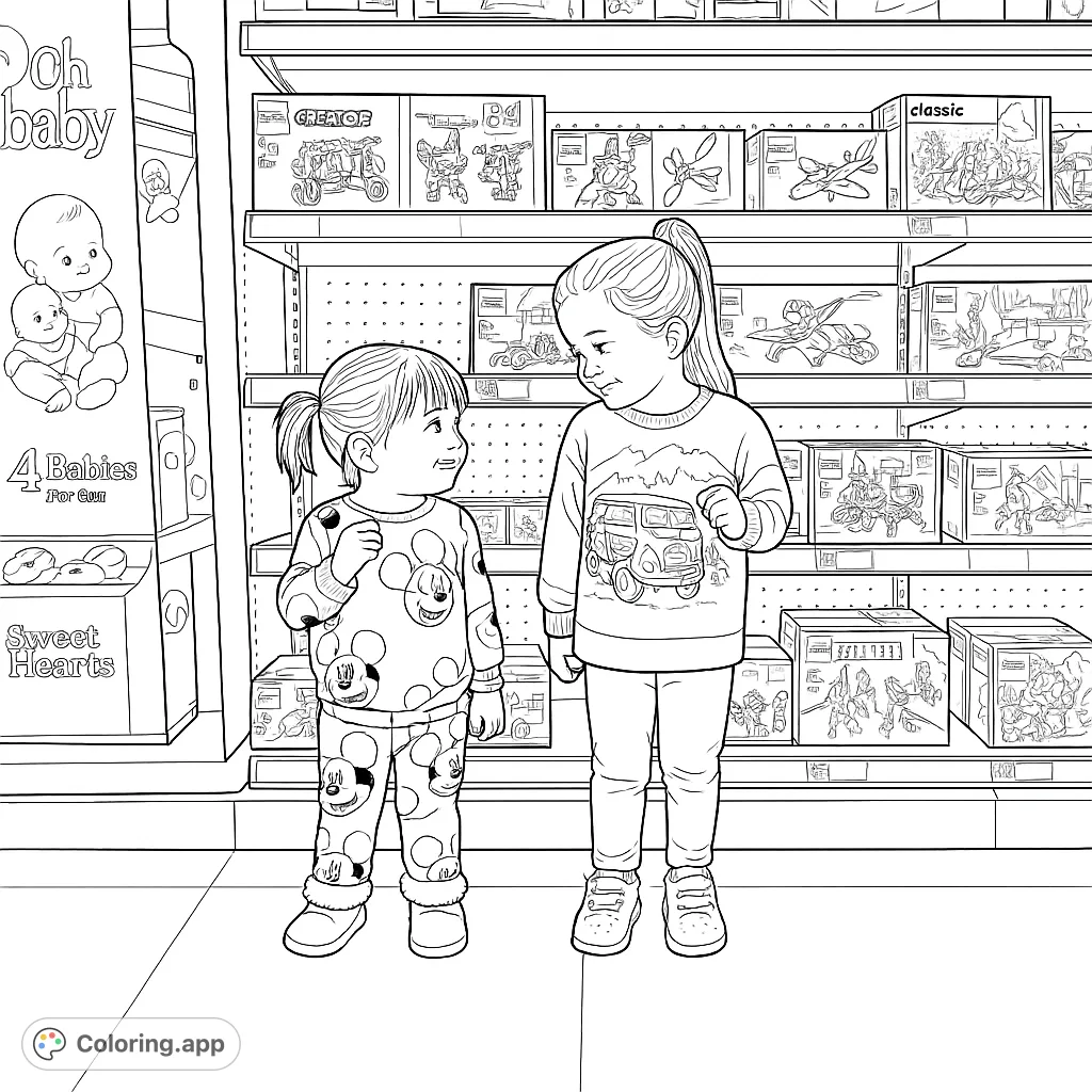 Two delightful children explore a toy store aisle, smiling and interacting amidst shelves packed with exciting games and building sets, ready for creative coloring.