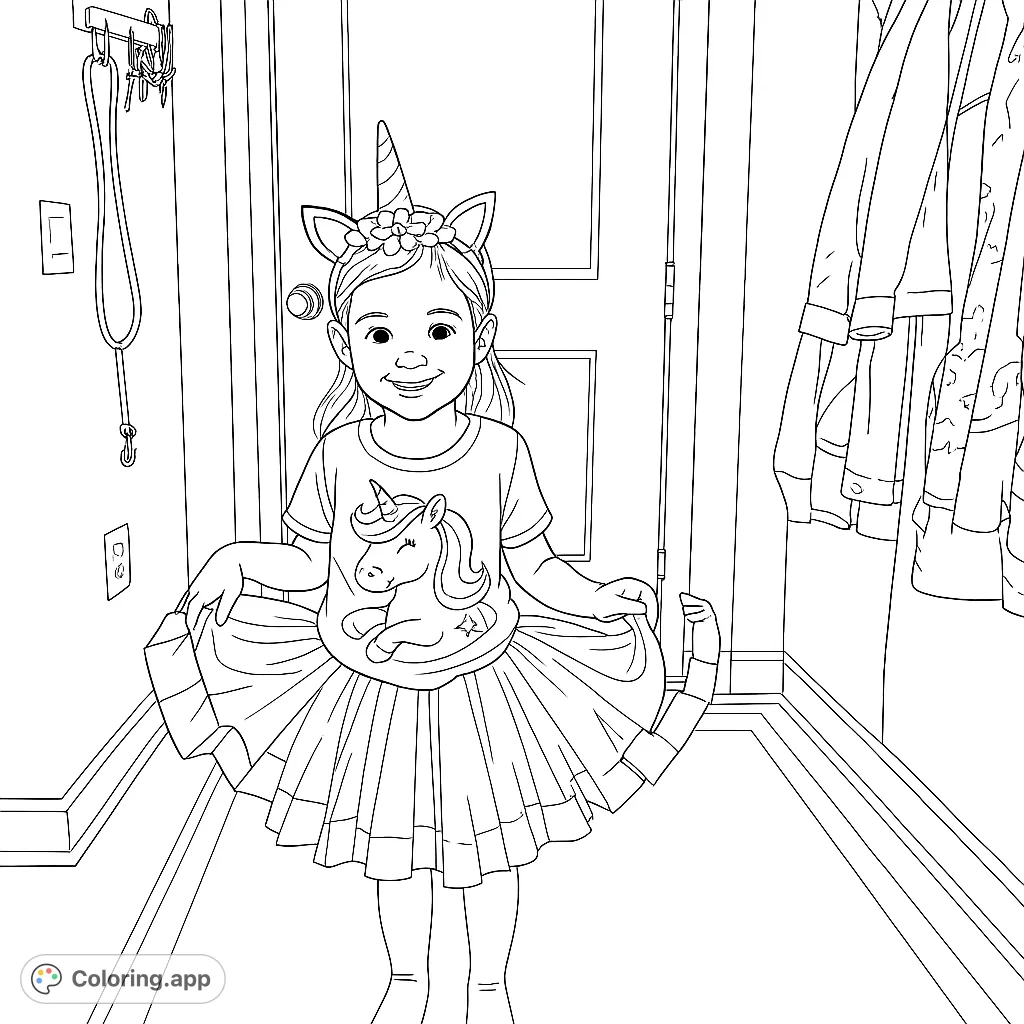 A delightful unicorn-themed coloring page featuring a smiling child in a magical outfit, complete with a unicorn headband and a layered tutu skirt.