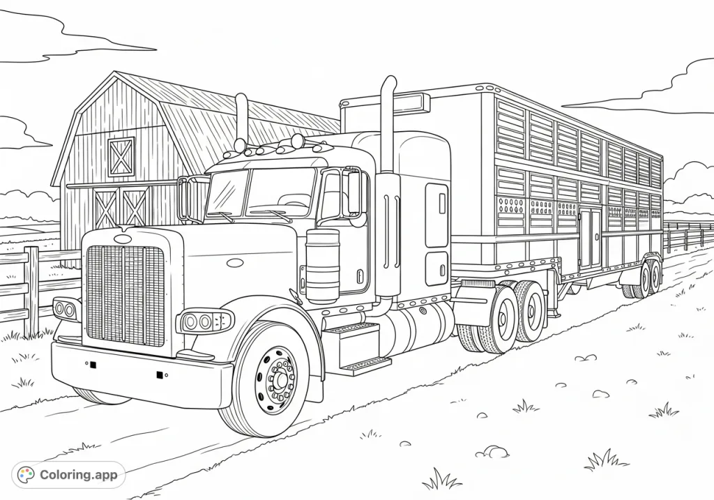 A detailed Peterbilt semi-truck with a cattle pot trailer at a rustic farm setting, featuring a step-up cab and distinctive cab light. Perfect for vehicle enthusiasts!