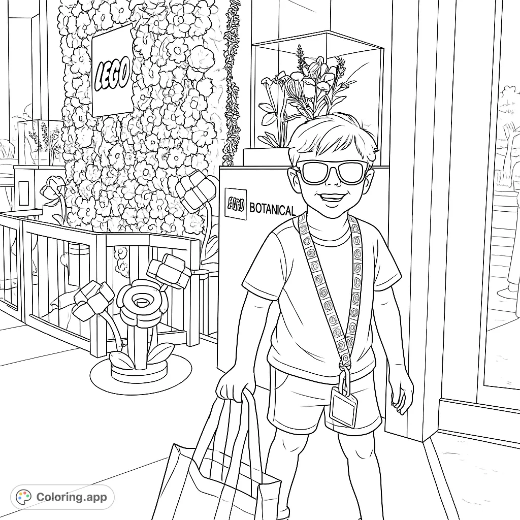 A joyful child at a LEGO Botanical display, surrounded by intricate flower walls and oversized brick blooms. A fun, detailed scene for creative coloring.