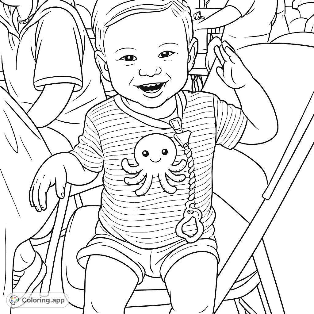 A delightful coloring page featuring a happy toddler in a striped shirt with an adorable octopus design, sitting on a chair and waving. Perfect for young artists!