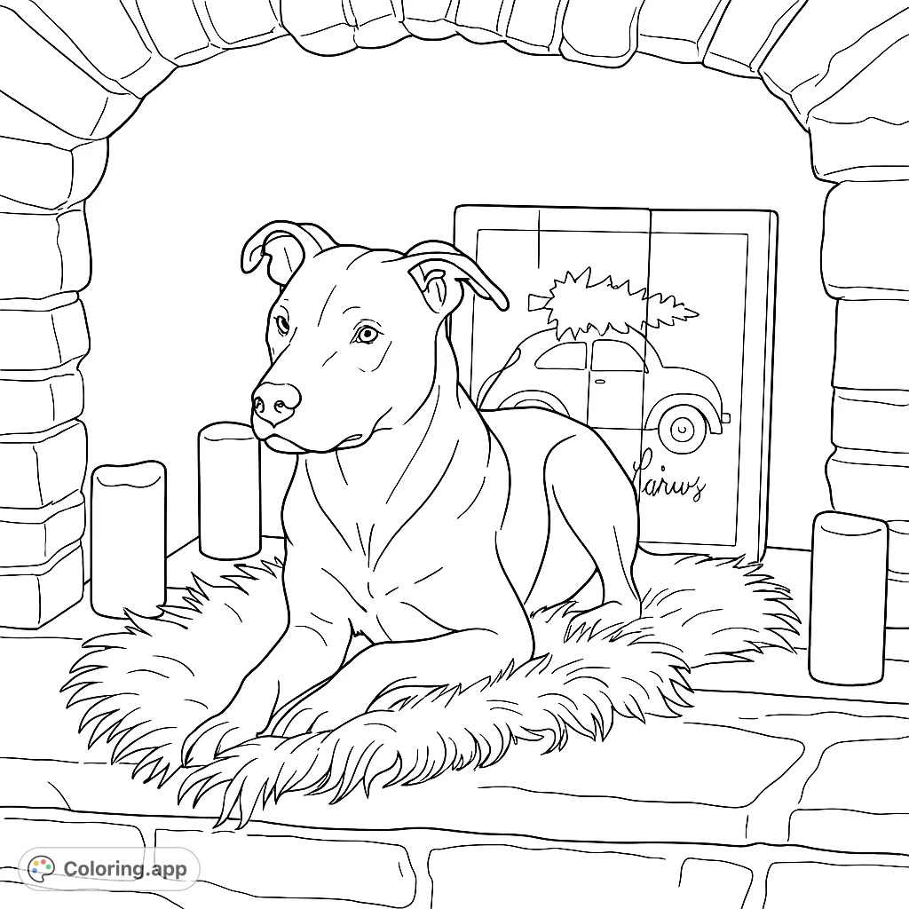 A charming dog relaxes by a stone fireplace, resting on a plush rug. Includes festive decor with a vintage car and tree, perfect for a cozy scene.