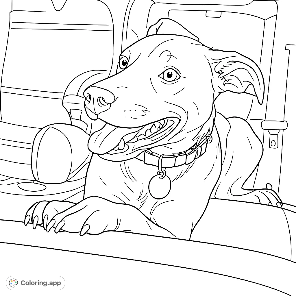 Capture the joy of a happy dog on a car ride, observing the world. A detailed coloring page perfect for animal lovers of all ages.