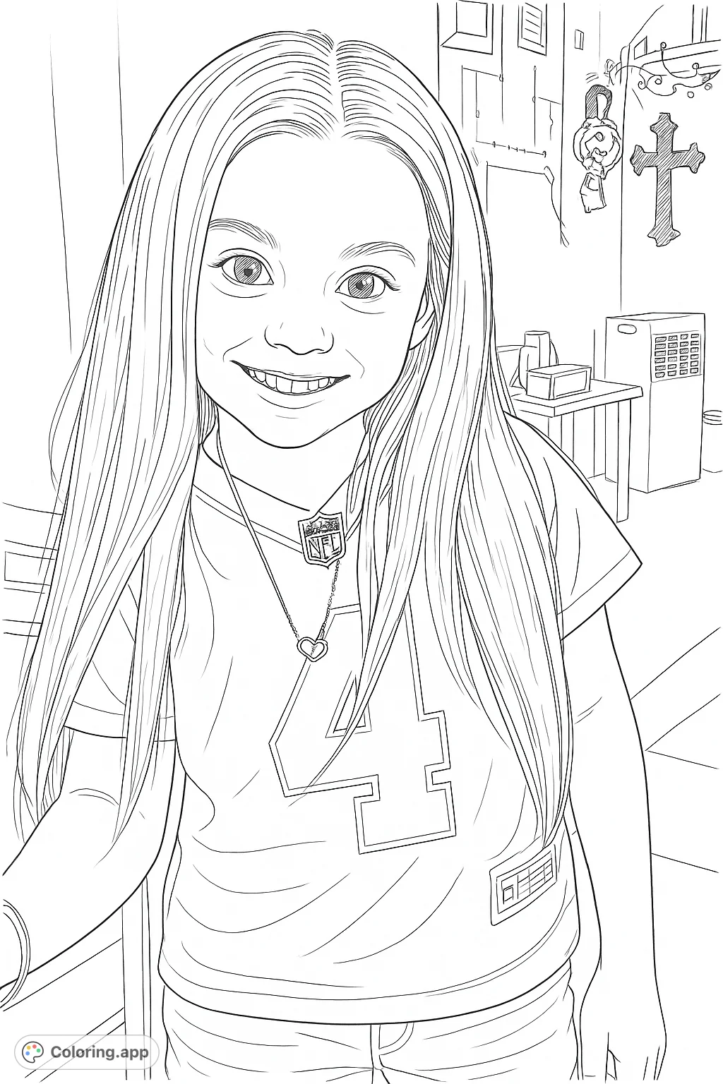 A cheerful girl with long, flowing hair and a prominent number four on her top, wearing a heart pendant, smiles invitingly.