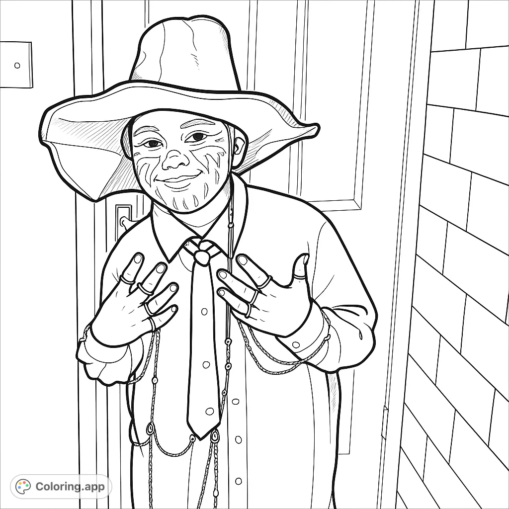A child in an elaborate costume featuring a wide hat, detailed face paint, and decorative chains. Perfect for imaginative coloring adventures.