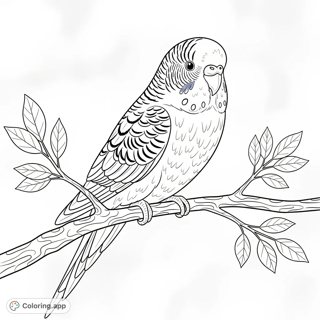 A delightful parakeet perched on a leafy branch, ready for a splash of imagination. Perfect for young animal enthusiasts and a lovely parakeet coloring page for kids.