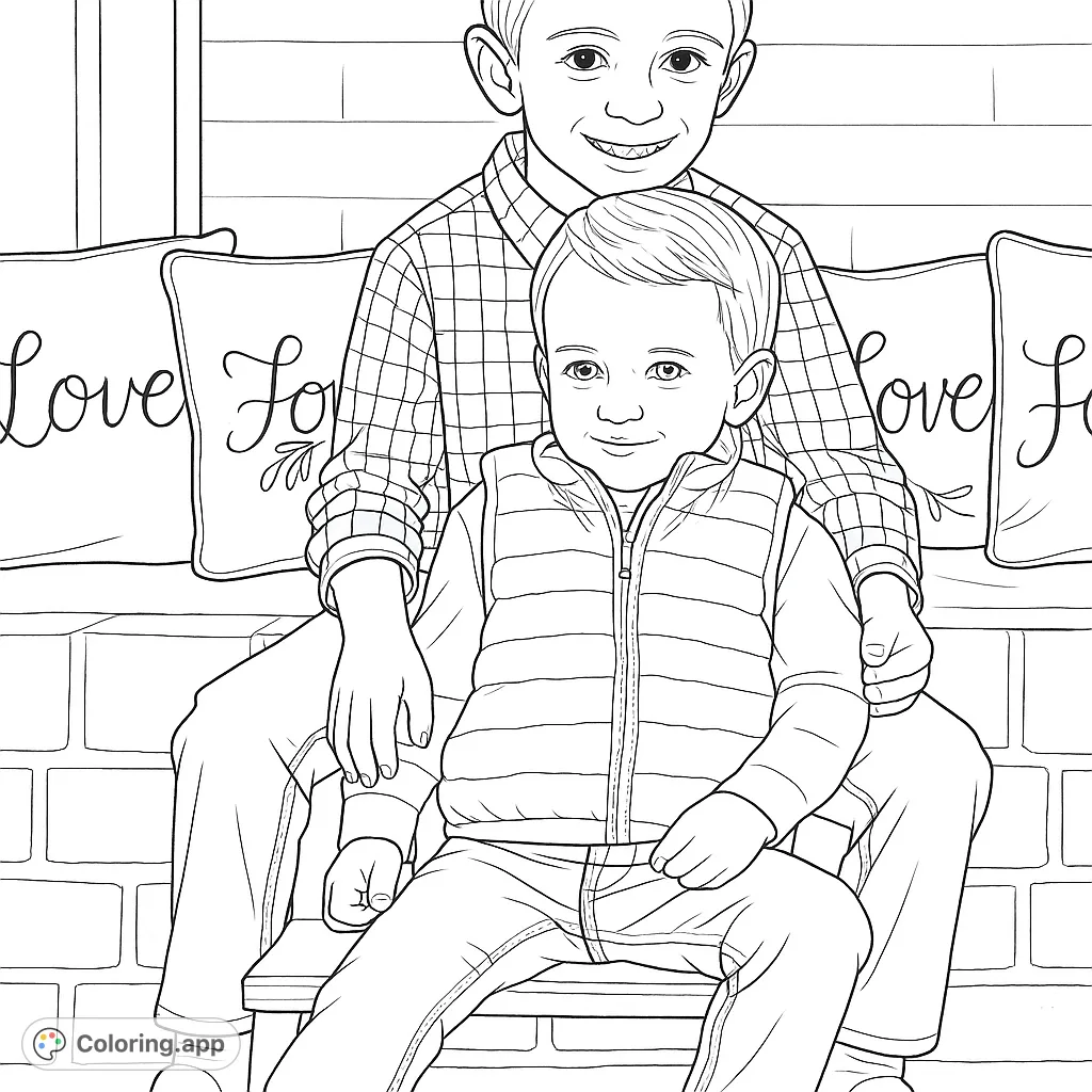 Capture the warmth of family with this siblings coloring page. Two boys pose happily by a brick hearth with festive pillows. A heartwarming scene.