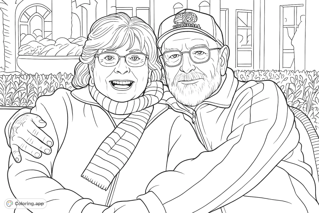Capture the warmth of a smiling older couple in this detailed portrait. Perfect for personalizing expressions and intricate clothing details.