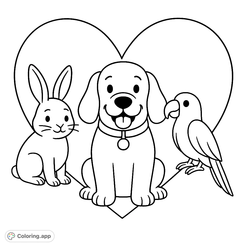 A heartwarming animal friends coloring page featuring a happy dog, a cute rabbit, and a sweet parrot nestled within a lovely heart shape, perfect for all ages.