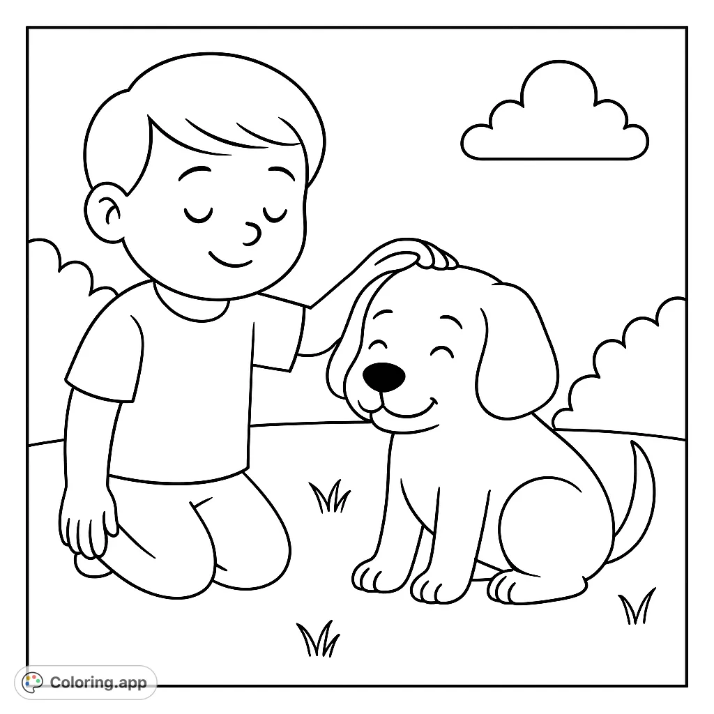 A heartwarming free printable pet coloring page featuring a smiling boy gently petting his happy puppy outdoors, with bushes and a cloud. Perfect for kids!