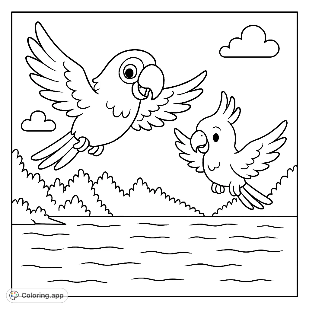 Two cheerful parrots soar above tranquil water and lush foliage, with whimsical clouds. A delightful tropical bird coloring adventure awaits!