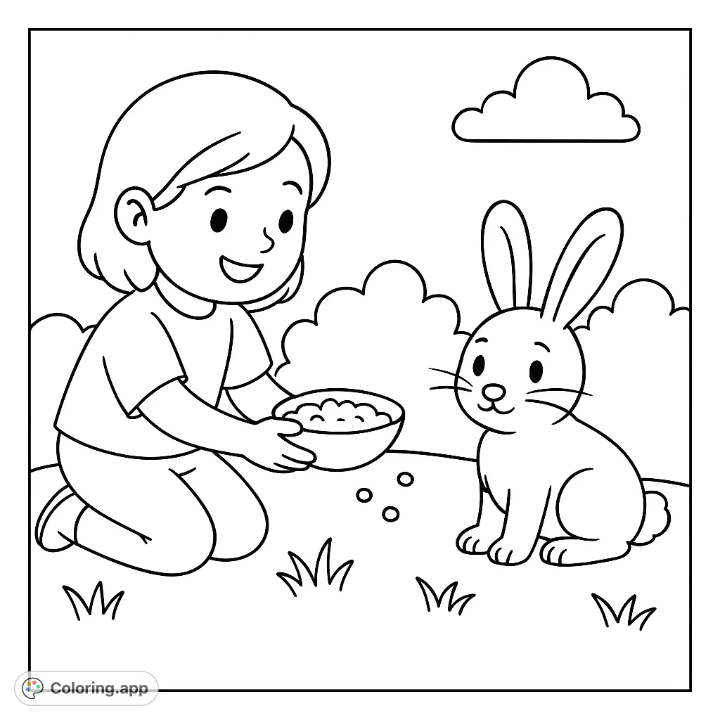 A charming free printable animal care coloring page featuring a young girl gently feeding a rabbit outdoors, perfect for teaching kindness and nature appreciation.