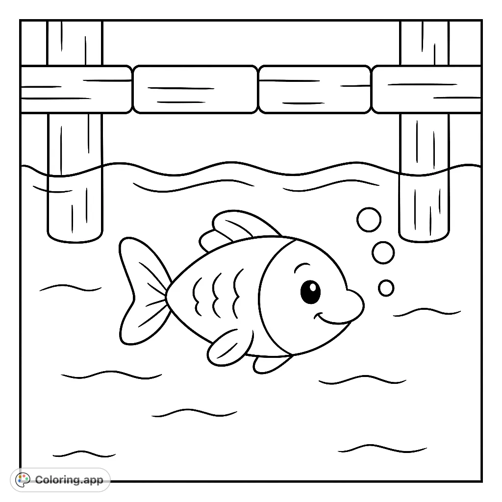 Dive into a charming scene featuring a happy cartoon fish swimming beneath a rustic wooden pier. A delightful free printable fish coloring page for kids.
