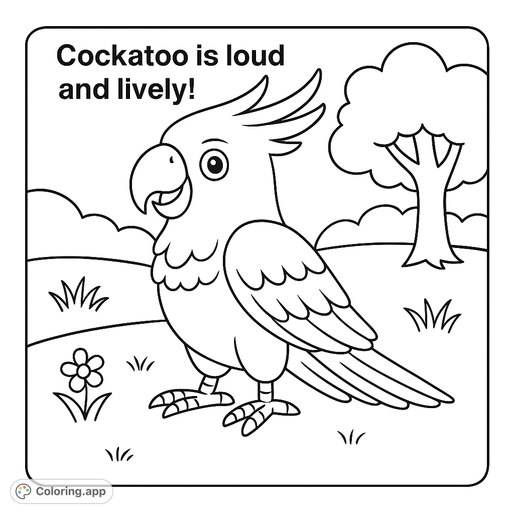A cheerful cockatoo with a crest stands in a grassy landscape with a tree and flower, ready for a splash of imagination. Includes encouraging text.