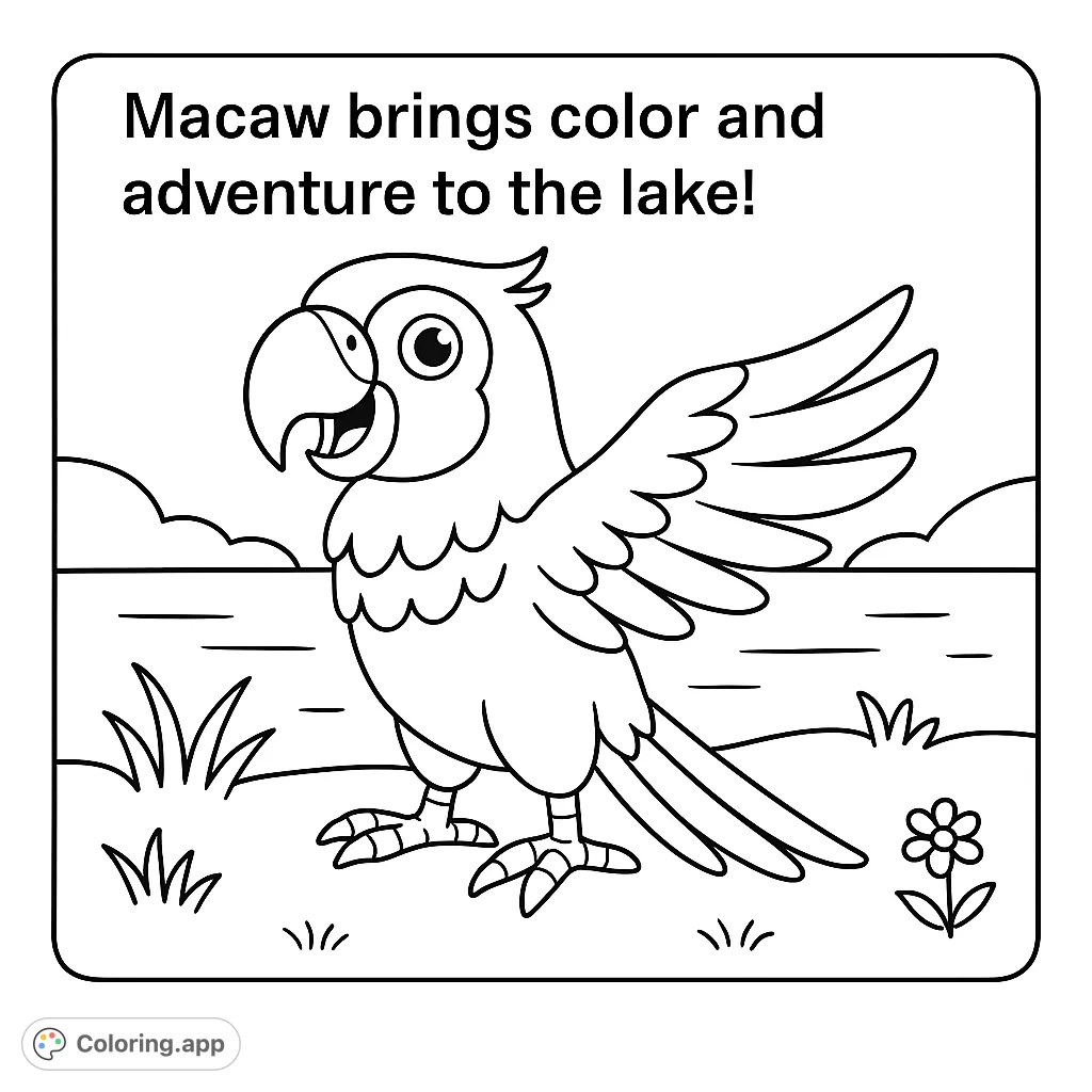 A charming parrot stands by a tranquil lake, surrounded by simple foliage and a flower. This delightful scene invites creativity and imaginative coloring for all ages.