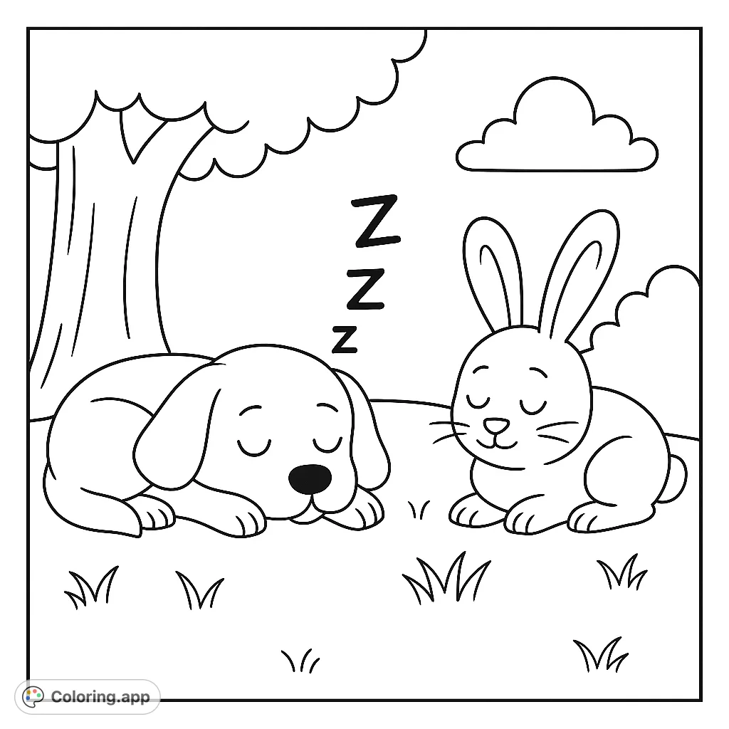 A tranquil scene with a sleeping puppy and a resting bunny nestled in a peaceful outdoor setting. Perfect for a calming coloring experience.