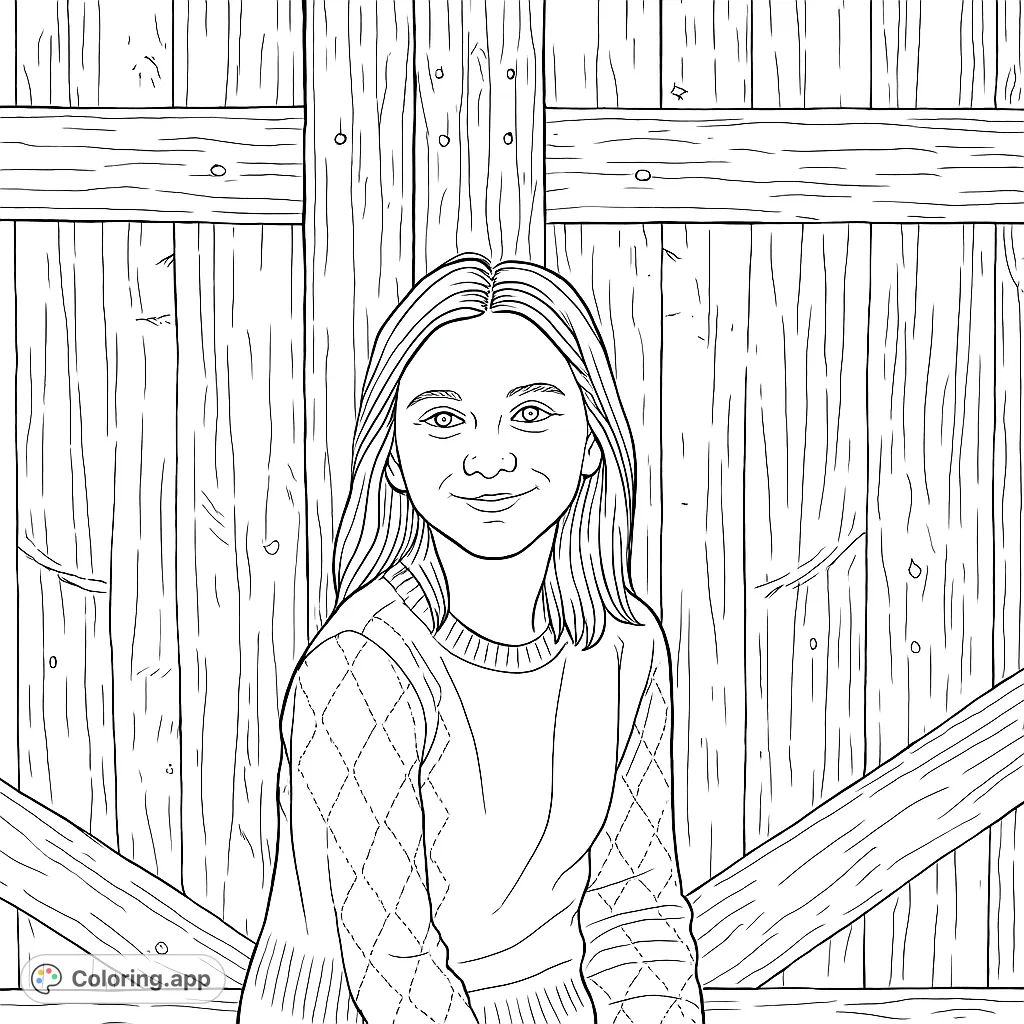 Color a charming portrait of a young girl with a warm smile, set against a rustic wooden background featuring a patterned sweater. Perfect for all ages.