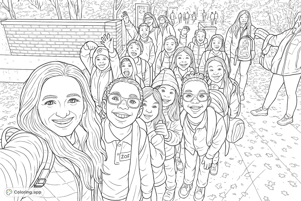 A joyful group of diverse children and an adult on a field trip, posing happily outdoors against a backdrop of trees and a stone wall. A fun and engaging scene.