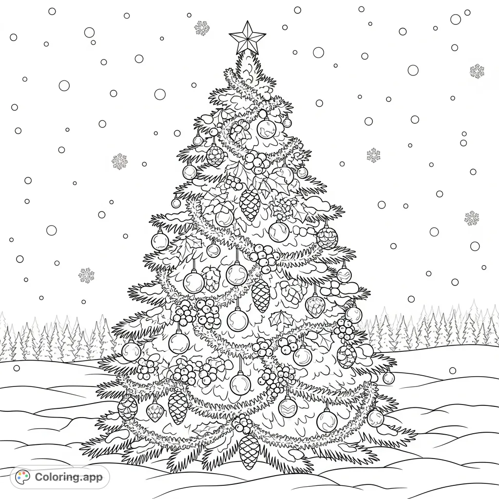 A detailed Christmas tree adorned with intricate ornaments and sparkling tinsel, surrounded by a peaceful snowy landscape and falling snowflakes. Perfect for festive coloring!