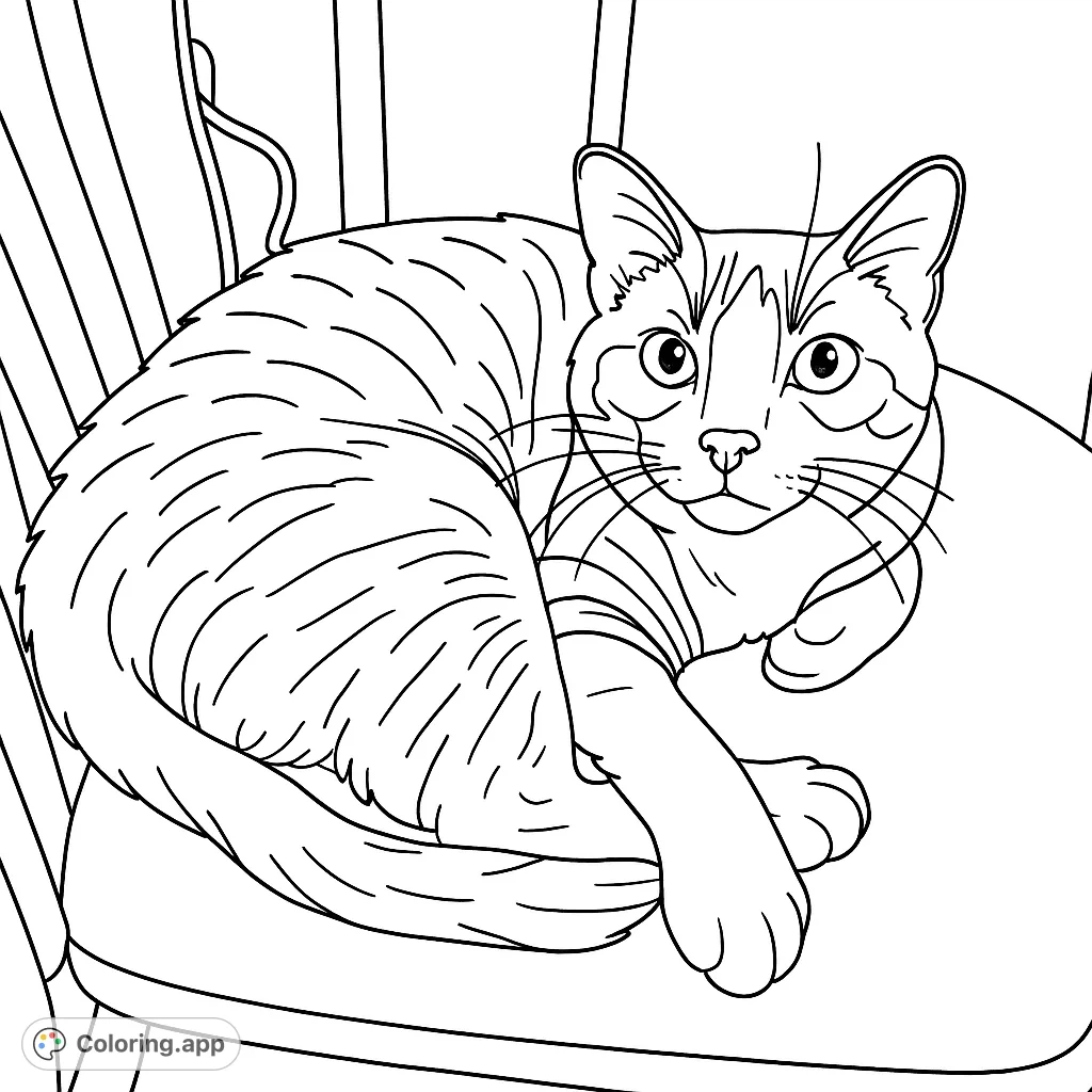 Discover a charming house cat curled comfortably on a chair, ready for your creative touch. A delightful cat coloring page for all ages!