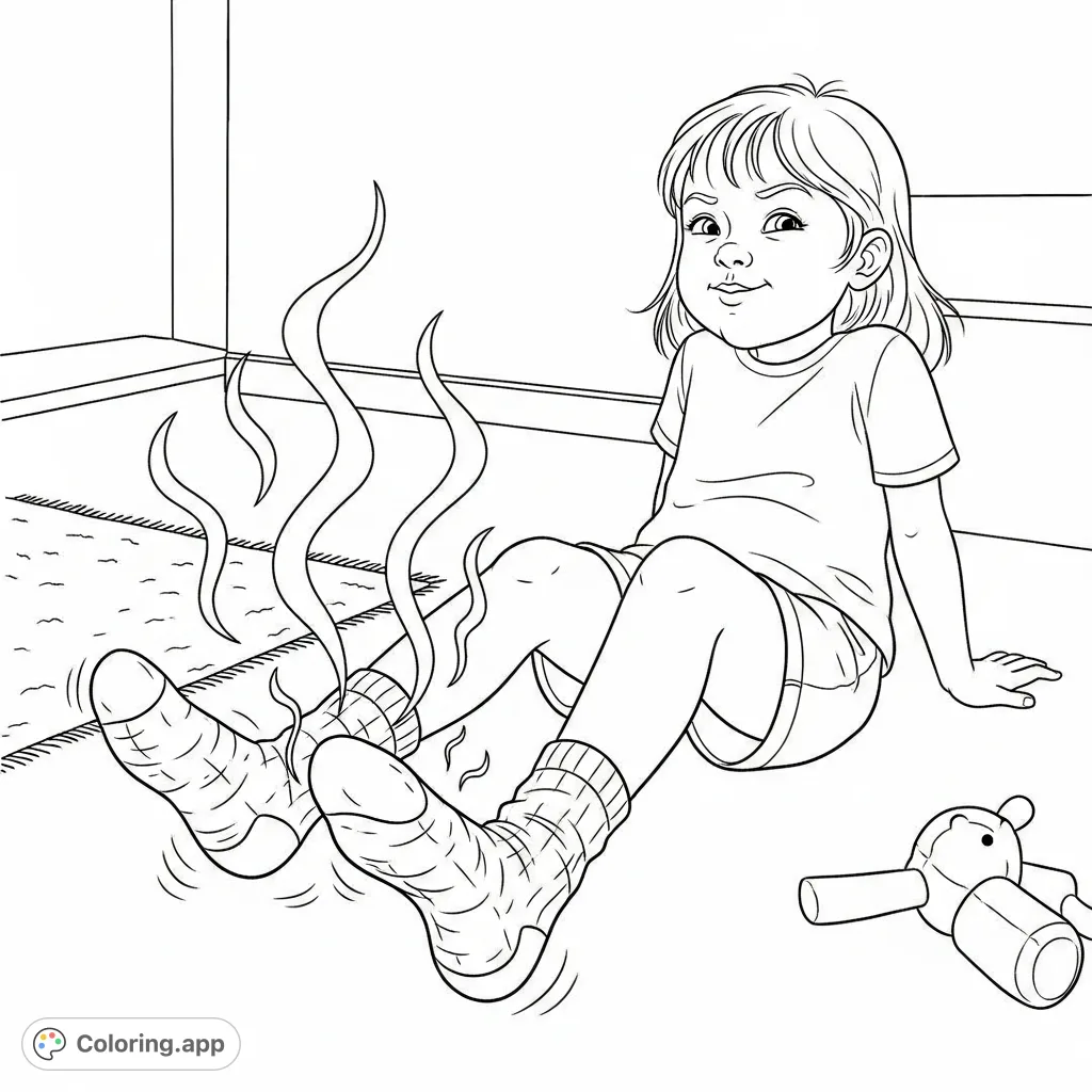A charming coloring page of a girl playfully presenting her well-worn socks, complete with visual cues of their potent aroma. Perfect for kids and playful adults.
