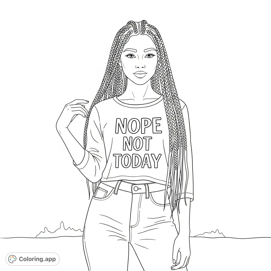 A trendy coloring page featuring a confident woman with stylish braids and a bold 'Nope Not Today' top. Express your unique attitude and creativity!