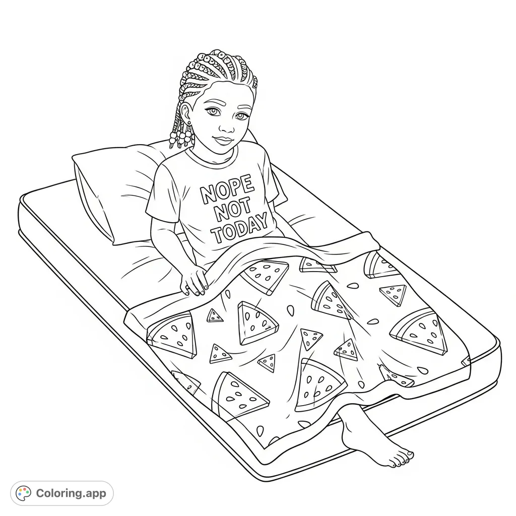 A relatable coloring page featuring a little girl with braids and beads on a mattress, wearing a 'nope not today' shirt and a fun watermelon blanket.