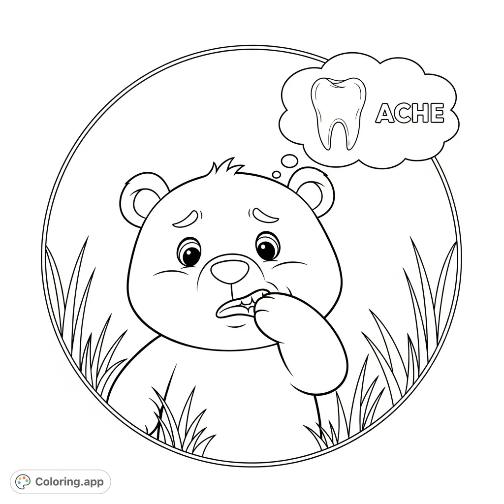 An adorable animated bear with a toothache, featuring a thought bubble with a tooth and the word "ache," surrounded by grass within a circular design.