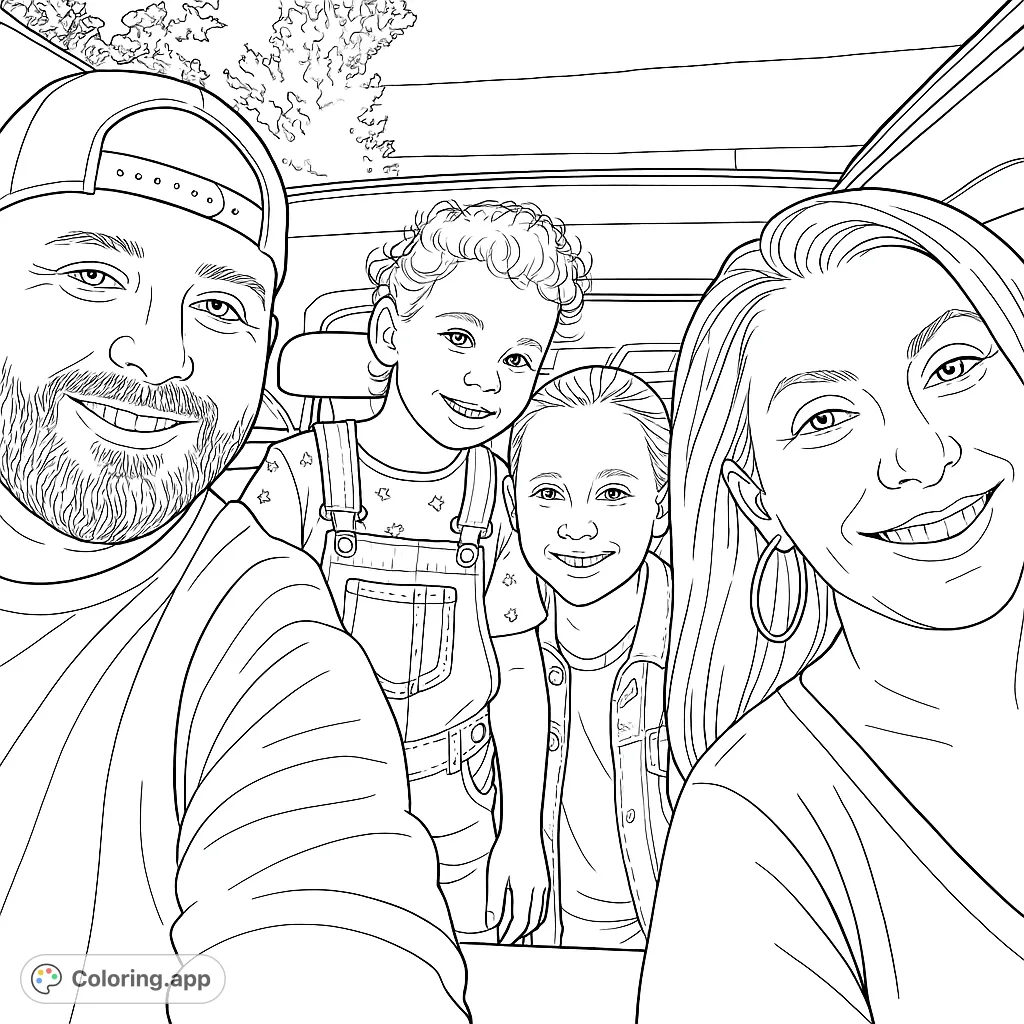 A joyful family of four, including two adults and two children, captured in a warm selfie within a car. Perfect for celebrating family bonds.