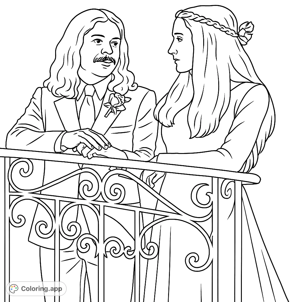 Capture a tender moment between a couple, standing by an ornate railing. This romantic coloring page invites you to bring a timeless celebration of commitment to life.