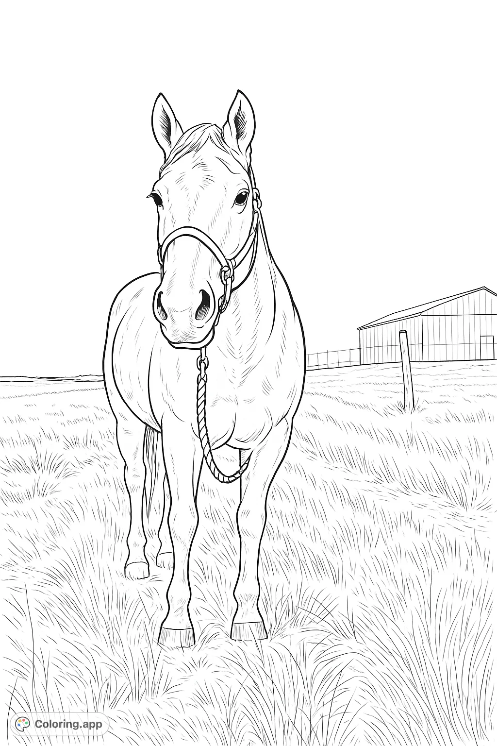 Color a beautiful horse standing tall in a rustic field, complete with a halter and lead rope. A serene farm scene perfect for all animal lovers.