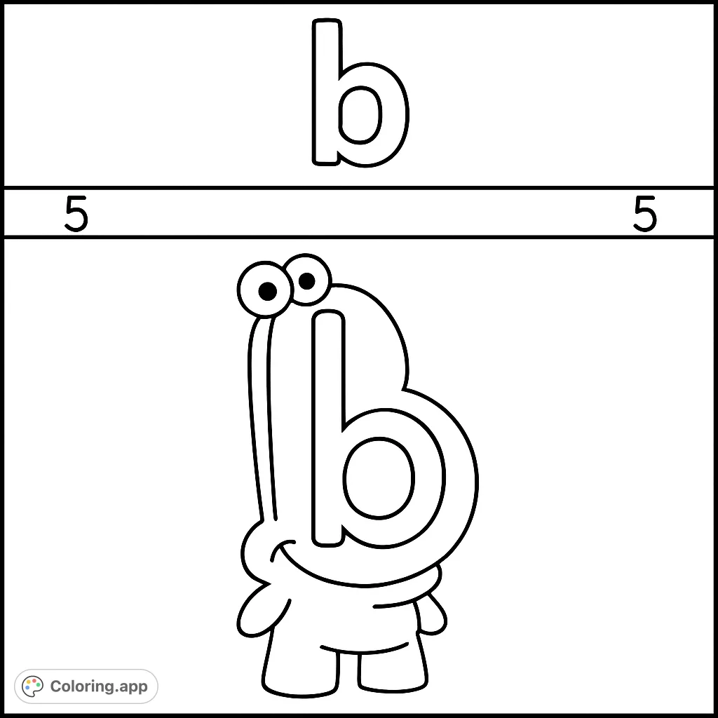 A fun, friendly character shaped like the lowercase letter 'b' with large eyes and a smile, perfect for learning and creative coloring.