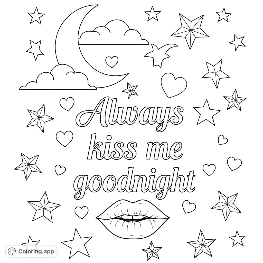 A heartfelt coloring page featuring the phrase "Always kiss me goodnight" surrounded by stars, hearts, a moon, and lips. Express your love!