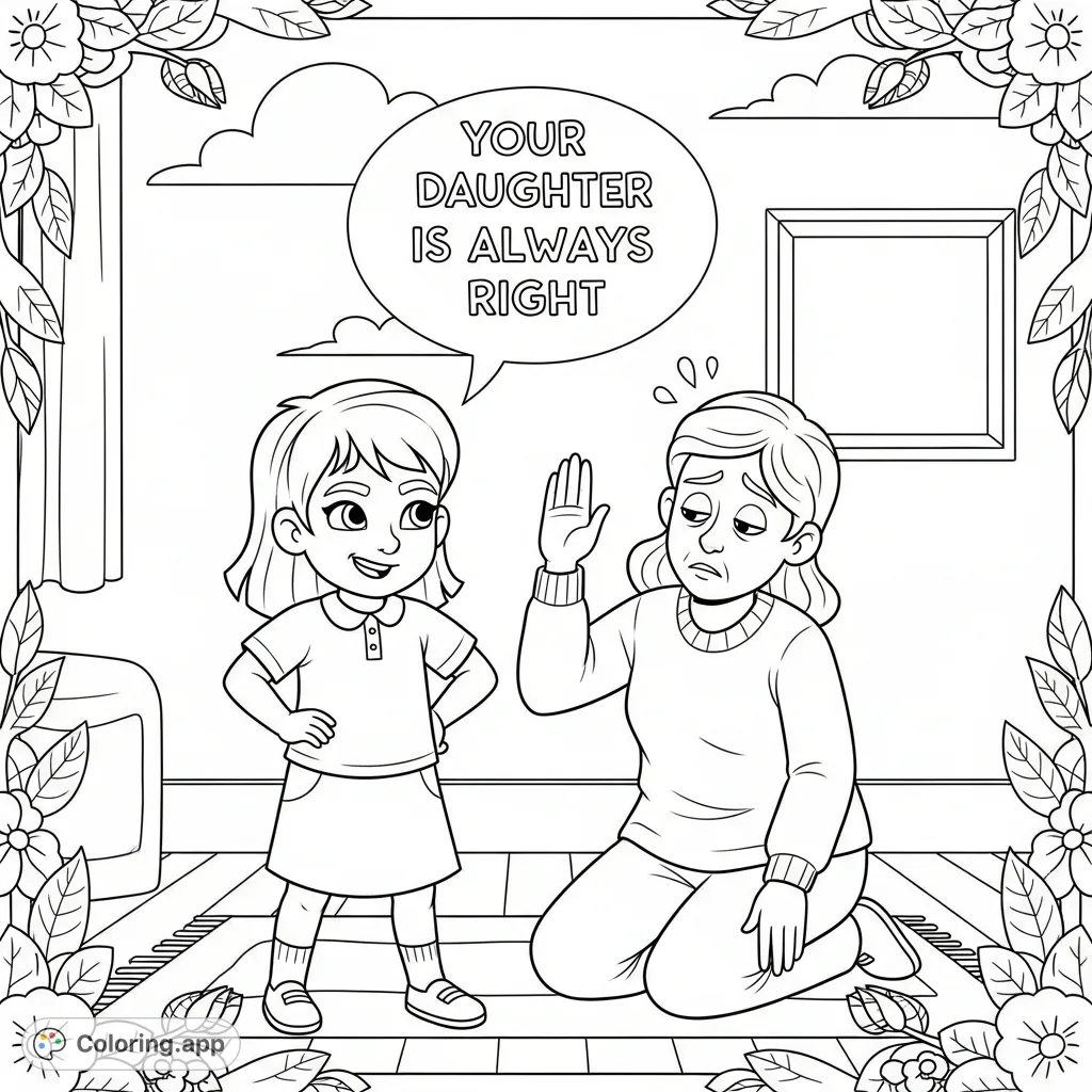 A humorous family dynamics coloring page featuring a confident daughter and a resigned parent, complete with the phrase "Your daughter is always right."