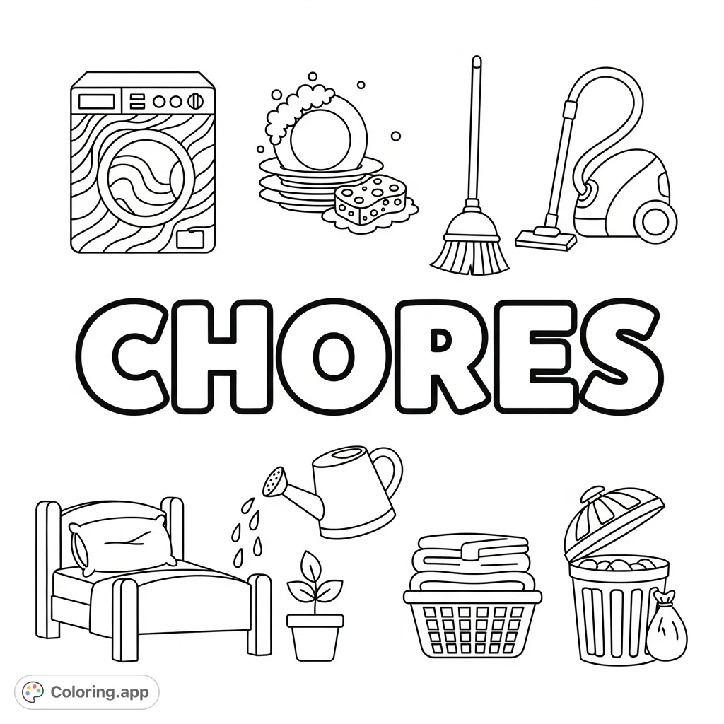 Discover a fun chores coloring page featuring the word "CHORES" surrounded by cute, stylized icons for washing, cleaning, gardening, and more!