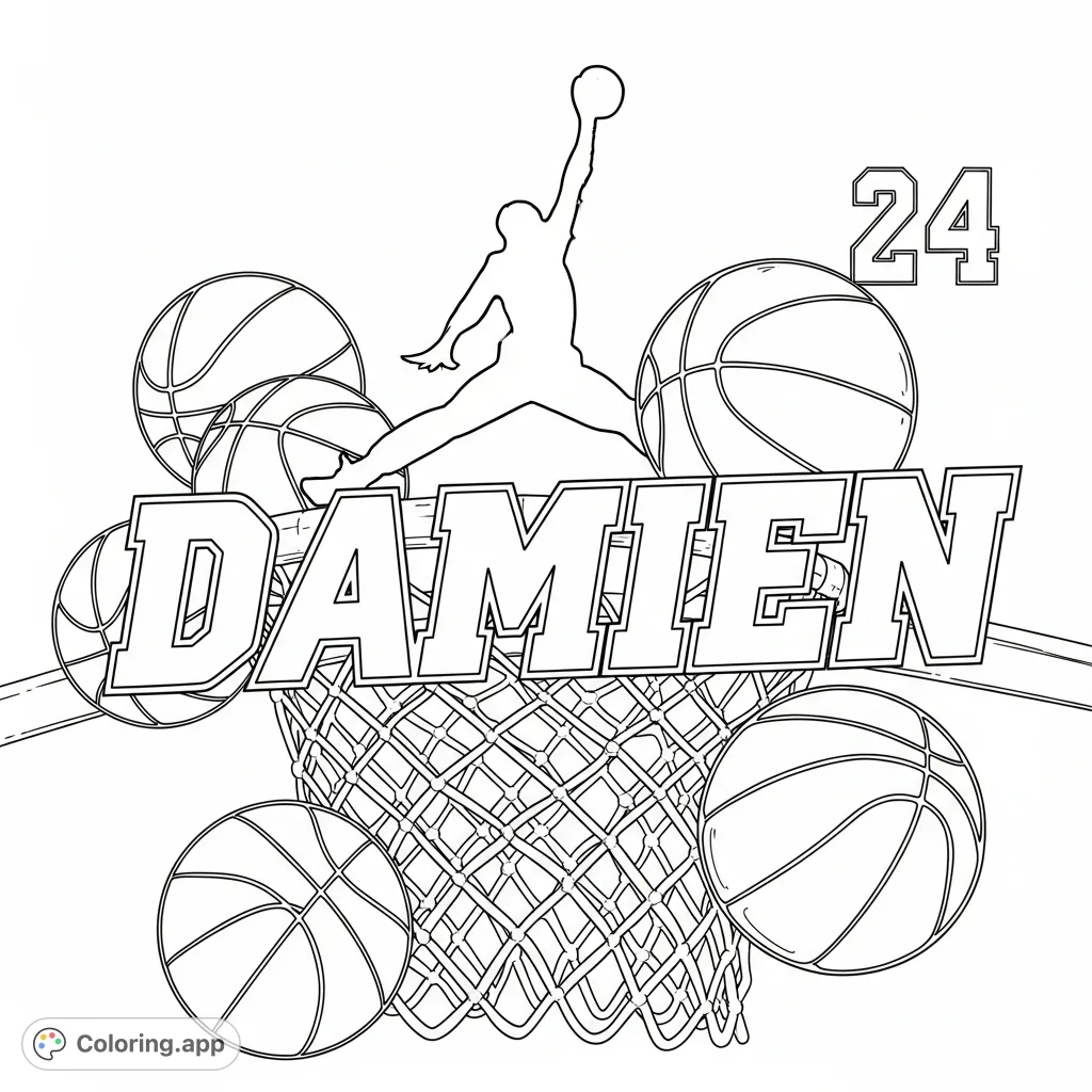 A dynamic coloring page featuring the name Damien, surrounded by basketballs, a net, Kobe Bryant's number, and the iconic Jordan symbol.