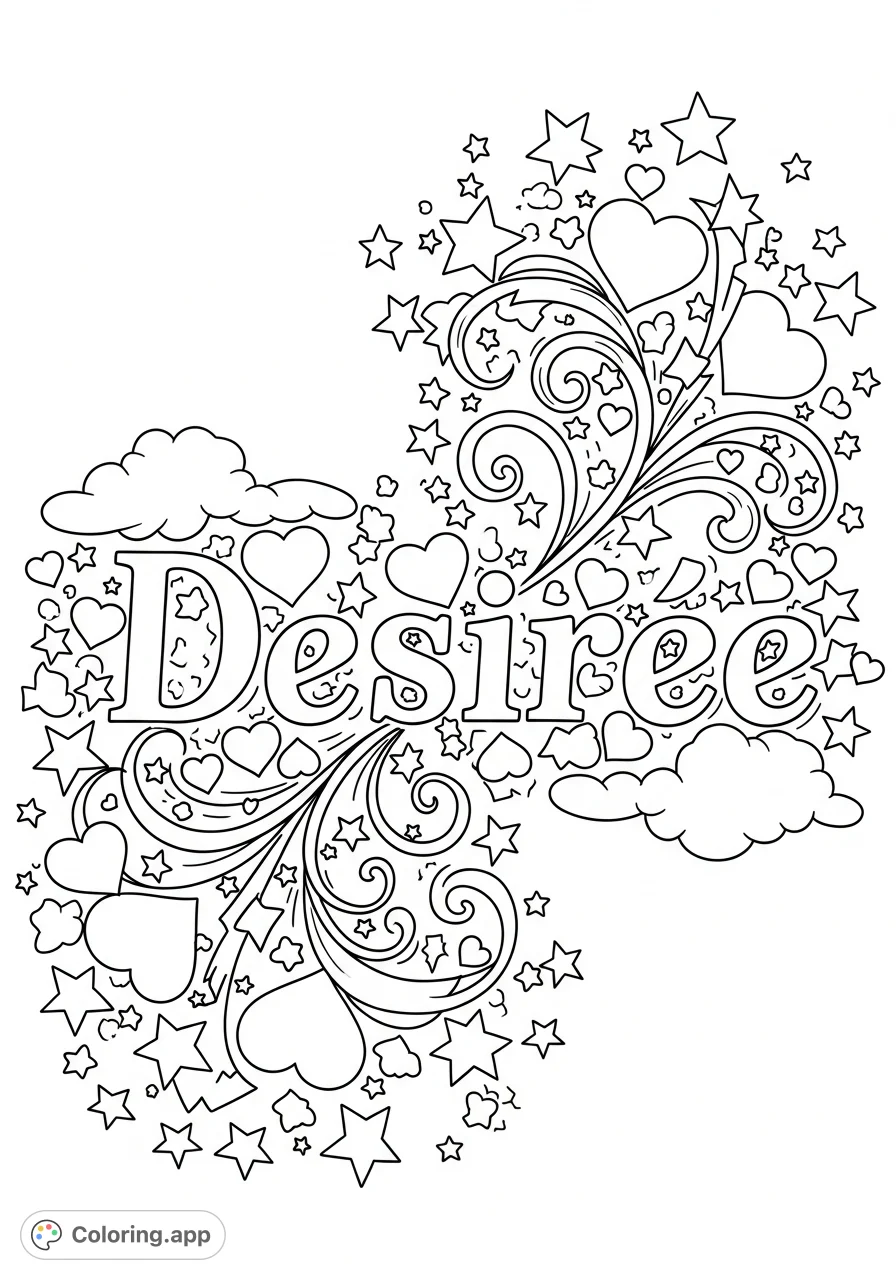 Personalized "Desiree" coloring page featuring intricate hearts, stars, and flowing swirls. A unique design for creative expression and custom art.