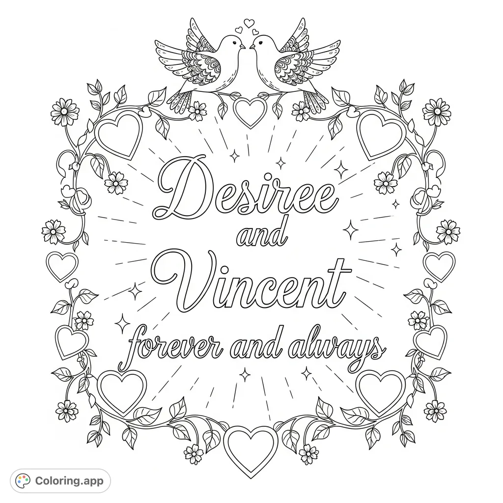 A heartfelt 'Desiree and Vincent forever and always' message in elegant script, framed by ornate hearts, vines, and lovebirds. Perfect for expressing affection!
