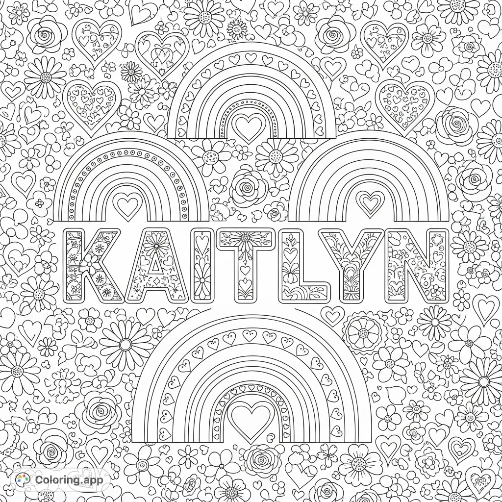 A delightful personalized coloring page featuring the name Kaitlyn, surrounded by whimsical rainbows, hearts, and an abundance of charming floral patterns.