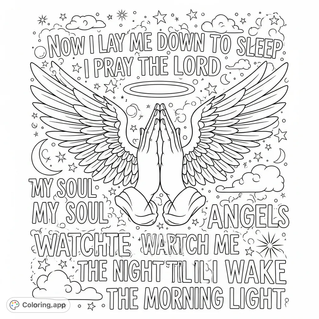A comforting prayer scene featuring clasped praying hands, elegant angel wings, and a serene halo, surrounded by an inspiring verse. A peaceful coloring page.