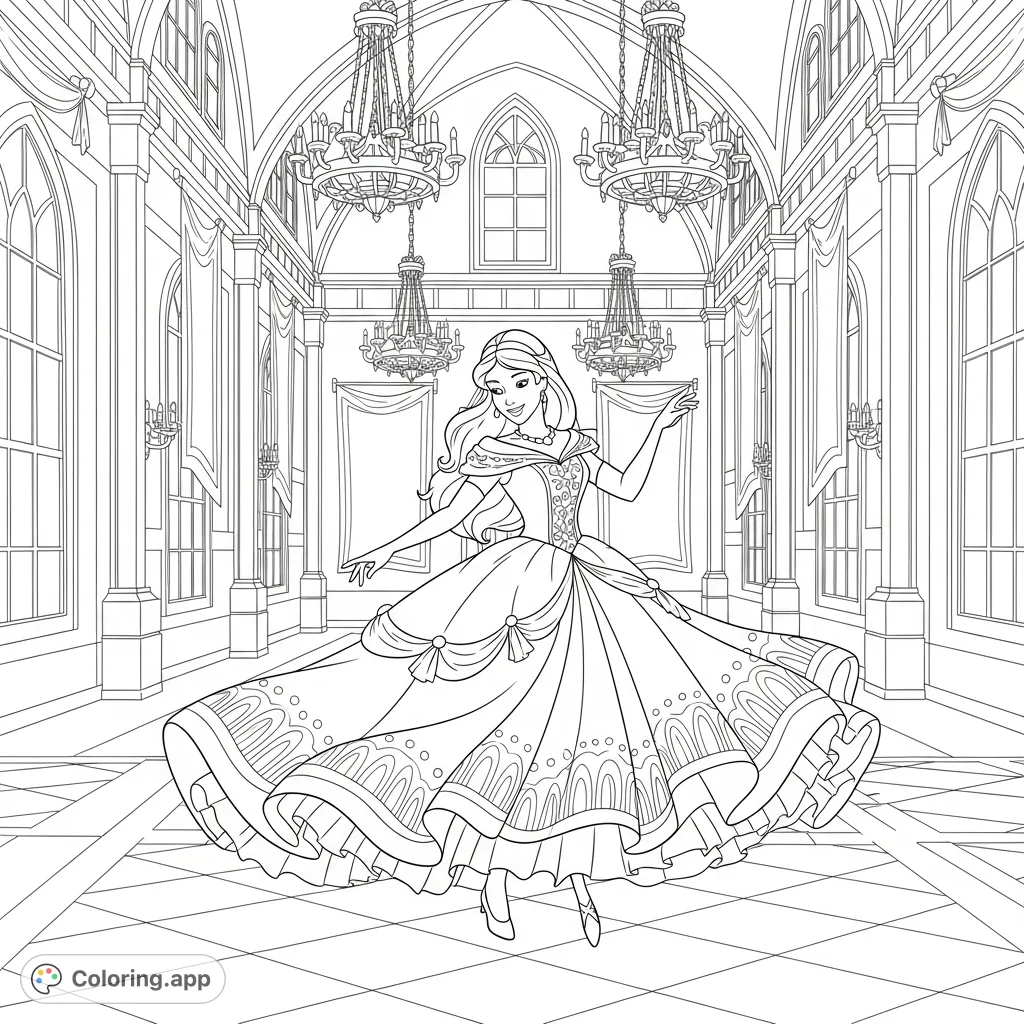 A beautiful princess in an elegant ball gown dances gracefully within a majestic castle ballroom, featuring grand architecture and exquisite details.