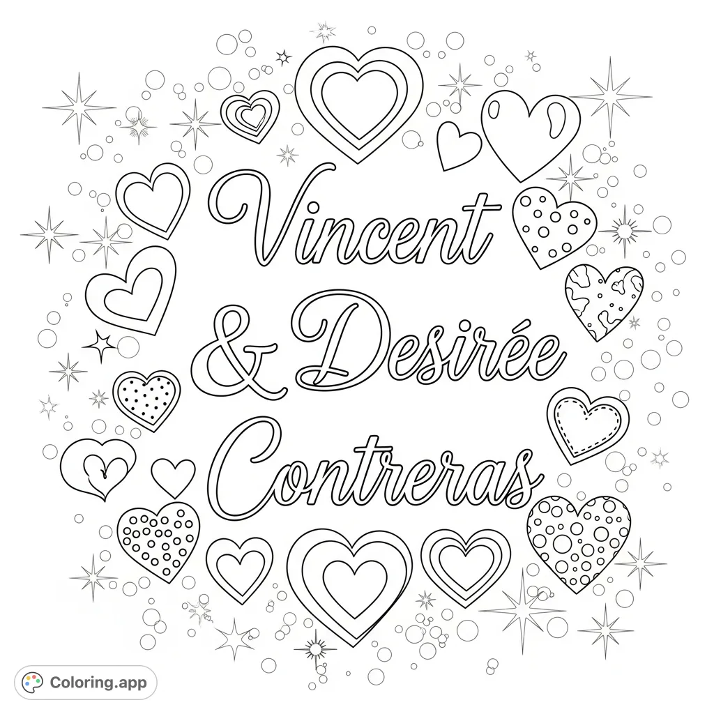 A romantic coloring page featuring the names Vincent & Desiree Contreras surrounded by hearts and sparkles. Perfect for personalizing special moments.