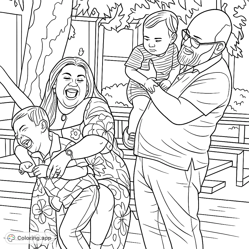Capture joy with this family coloring page featuring a laughing mother and son, a smiling father, and their sweet baby in a lively outdoor scene.