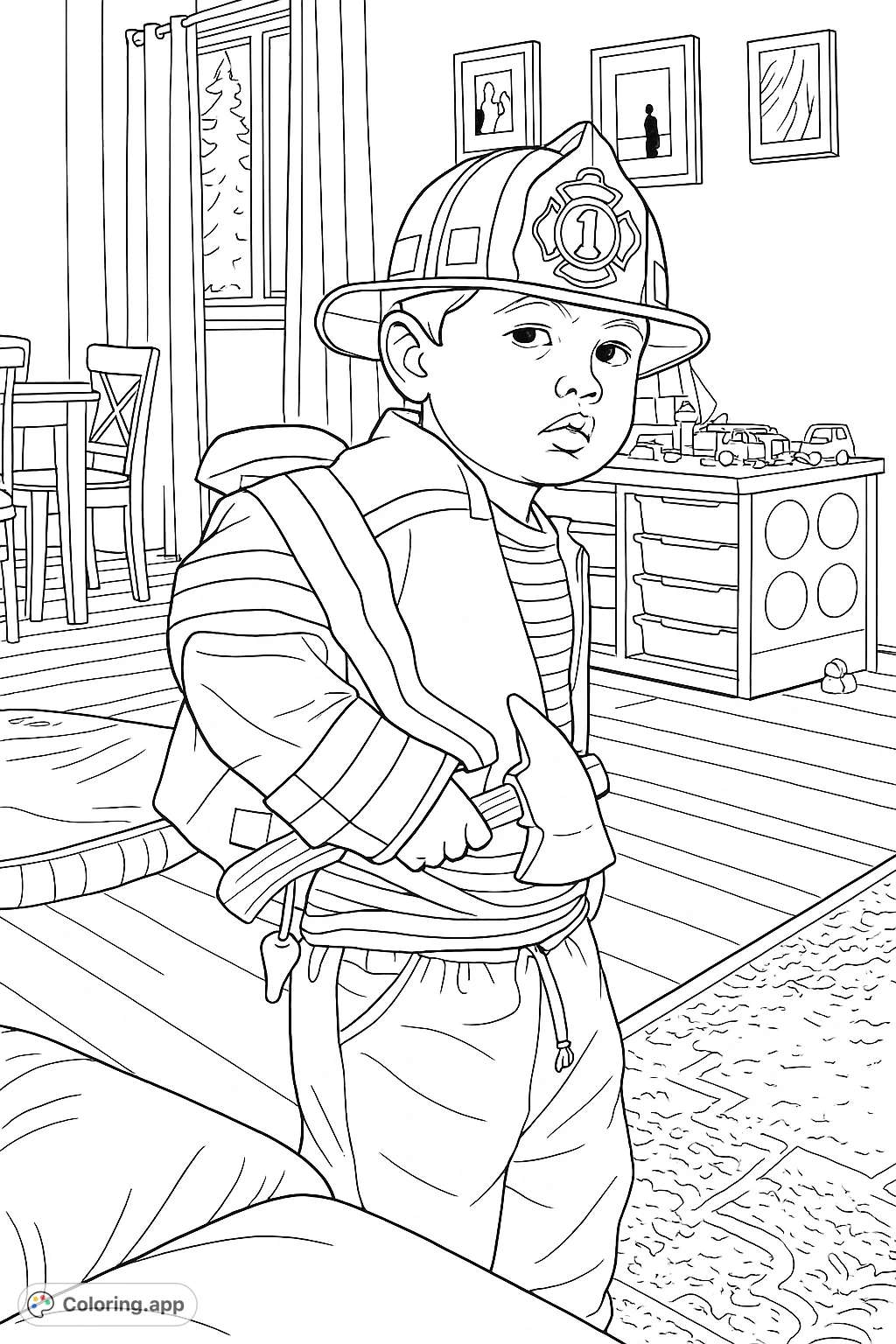 A young child dressed as a firefighter, complete with hat, jacket, and toy axe, ready for adventure. A fun and inspiring page for future heroes.