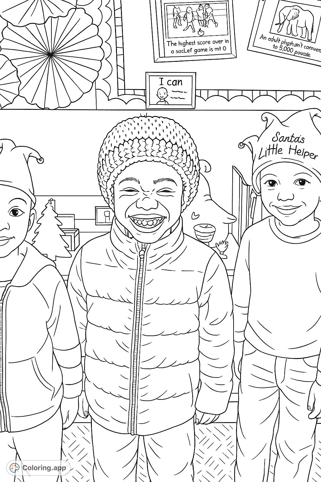A festive scene featuring three cheerful children in fun holiday hats and warm attire, ready for coloring. Perfect for sparking joy and creativity.