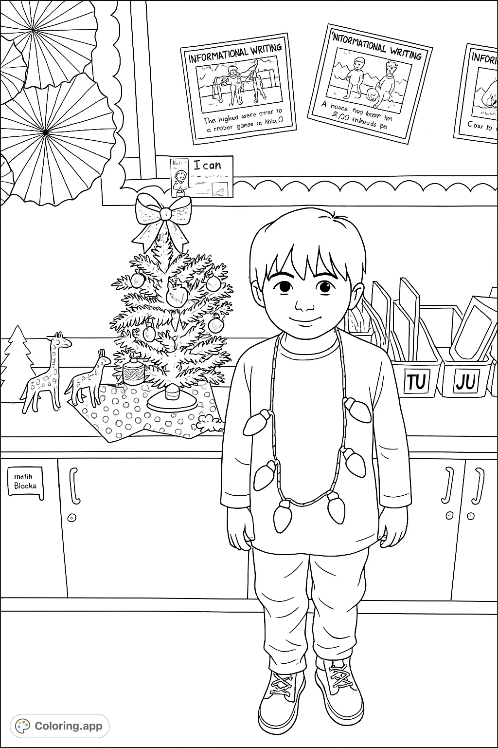 A delightful child models a string of bulb decorations next to a festive holiday tree in a charming classroom scene. Perfect for seasonal coloring!